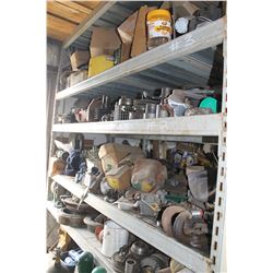 CONTENTS ON SHELF (ORBIT DRIVES, CARBURATORS, GEARS, SPROCKETS, ETC)