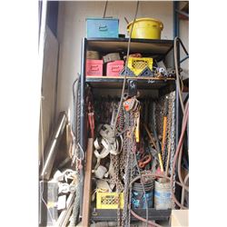 STEEL CAGE/CABINET C/W CHAINS, BOOMERS, COME ALONGS, MISC STEEL, 2 RED TOOLBOXES, STEEL IN THE CORNE