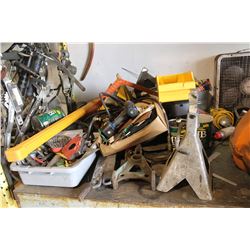 MISC ON TABLE C/W AIR TANK, WINCH, CAR STANDS, TOOLS, MAGNETS & PROPANE TORCH
