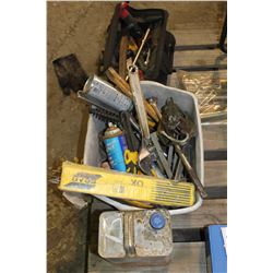 TRAY OF MISC TOOLS, BRAKE FLUID, BAG OF MISC TOOLS & TRAILER PINS