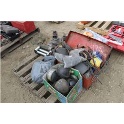PALLET C/W 3 CABLE CUTTERS, LIGHTS, RED TOOLBOX & WINCH GUIDE ROLLERS