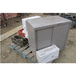 APPROX. 30" X 18" X 28" GREY CABINET, 4 BOXES OF 3M MASKS, TRUCK LIGHTS, 16" FRAME WITH ROLLERS