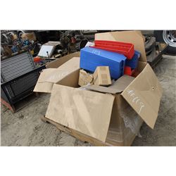 PALLET OF EYE HOOKS, CABLE CLAMPS, BRACKETS, SAWS (NEW)