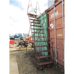 APPROX. 10' ROLLING LADDER (BENT A BIT), 4 LARGE GREEN TARPS & STEEL PLATE