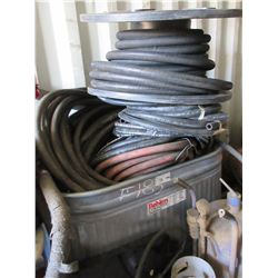 QUANTITY OF HYDRAULIC & AIR HOSE, BLUE ROLLING CART & STOCK TANK