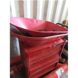 RED HUSKY TOOL CABINET & 3 WHEELBARROW TUBS