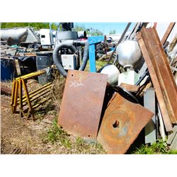 ARMY TABLES, STEEL, BLUE ROLLING CART, DUST COLLECTOR, 2 PALLETS MISC STEEL, CABLES