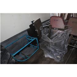 CHROME EXT ROLLER, 2 ORANGE BOLT BINS, 4 CHAIRS, 4 STOOLS, MUD FLAPS, MIRRORS & BLUE BARREL STAND