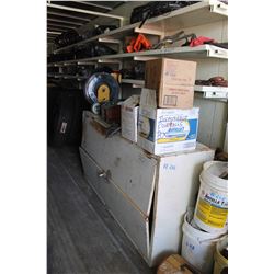 PRESS DRILL, CORDS, COVERALLS, WHITE CABINET & HOSE REEL