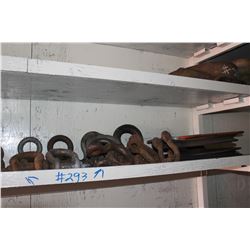 APPROX. 25 SHACKLES, 2 PULLEYS & TARPS