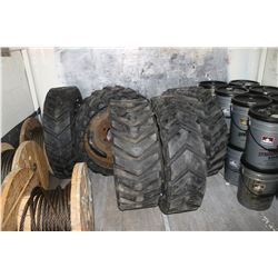 3 SOLID TIRES & 8 HOLE RIMS (12 X 18.5) & 2 SOLID TIRES & 8 HOLE RIMS (12.5 X 15)(ALL FOR ONE MONEY)
