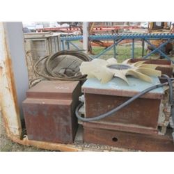 2 TANKS, CABLE, YELLOW CUTTING EDGES, HYDRAULIC PUMP, SKIDOO TRACK, & RED BLOWER UNIT