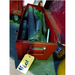 RED TOOLBOX C/W SOLID SHAFT & PAIL OF ELECTRICAL PLUG INS