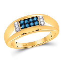 Mens Round Blue Color Enhanced Diamond Band Ring 1/3 Cttw 10kt Yellow Gold