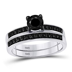 Round Black Color Enhanced Diamond Bridal Wedding Engagement Ring Band Set 1.00 Cttw 10kt White Gold