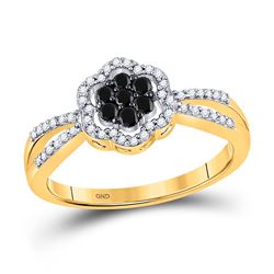 Round Black Color Enhanced Diamond Flower Cluster Ring 1/3 Cttw 10kt Yellow Gold