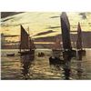 Image 1 : Lovely Early 20thc French Chromolith Print, Sailing Vessels & Sunset