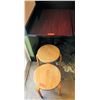 Image 1 : Rectangle Wood Top Pedestal Table (24x30x30H) & 2 Round Wooden Stools