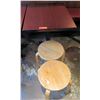 Image 1 : Rectangle Wood Top Pedestal Table (24x30x30H) & 2 Round Wooden Stools