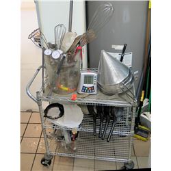 Wire Mesh Metal Rolling Cart & Contents: Food Thermometers, Sieves, etc