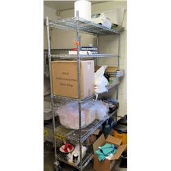 Metal 4 Tier Wire Mesh Shelf & Contents:  Gloves, Chopsticks, Deli Containers, etc