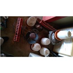 Lot of Chicken Feeders, Waterers, Lights