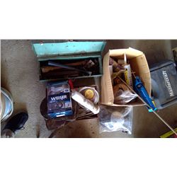 Lot of Knee Pads, Door Handle, Toolbox of Misc. Tools, Caulking Gun, etc.