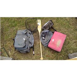 Oar and Fishing Net, Coleman Stove, Tent in Backpack