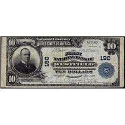 1902 PB $10 First NB of Westfield, MA CH# 190 National Currency Note