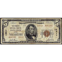 1929 Type 2 $5 National Bank of Longview, Texas CH# 12411 National Currency Note