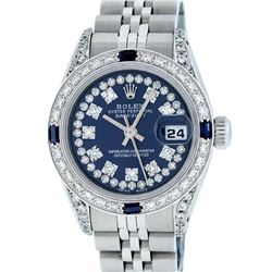 Rolex Ladies Stainless Steel 26MM Blue Diamond Lugs Datejust Watch