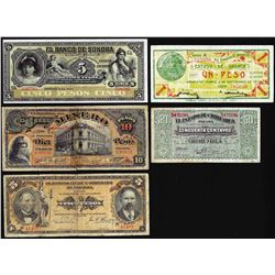 Lot of (5) Assorted Mexican Revolution Currency Notes