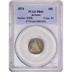 1874 Proof Seated Liberty Dime Coin Arrows PCGS PR65