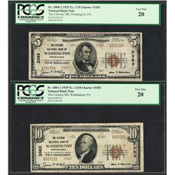 1929 Ty. 2 $5/10 Citizens NB Washington, PA CH# 3383 National Currency Notes PCGS VF20