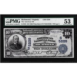 1902 PB $10 Richmond, VA CH# 5229 National Currency Note PMG About Uncirculated 53