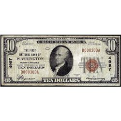 1929 $10 First NB of Washington, North Carolina CH# 4997 National Currency Note