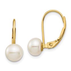 14k Yellow Gold White Button Pearl Leverback Earrings - 6-7 mm