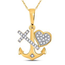 10kt Yellow Gold Round Diamond Heart Cross Anchor Pendant 1/12 Cttw