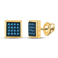 10k Yellow Gold Blue Color Enhanced Diamond Square Cluster Screwback Stud Earrings 1/10 Cttw