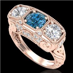 2.51 ctw Intense Blue Diamond Art Deco 3 Stone Ring 18k Rose Gold