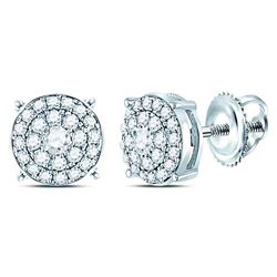 14kt White Gold Round Diamond Concentric Circle Cluster Earrings 1/4 Cttw