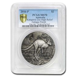 2016 Australia 2 oz Silver HR Kangaroo MS-70 PCGS (Antiqued)