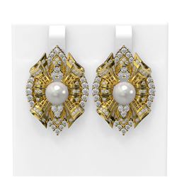 3 ctw Diamond & Pearl Earrings 18K Yellow Gold