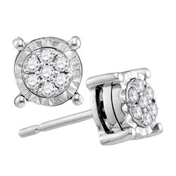 10kt White Gold Round Diamond Flower Cluster Screwback Earrings 1/8 Cttw