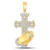 Image 1 : 10kt Yellow Gold Mens Round Diamond Praying Hands Cross Charm Pendant 3/4 Cttw