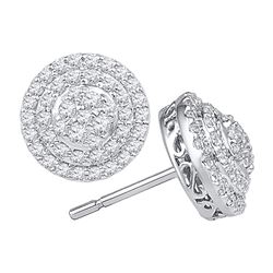 10kt White Gold Round Diamond Concentric Circle Layered Cluster Earrings 3/4 Cttw