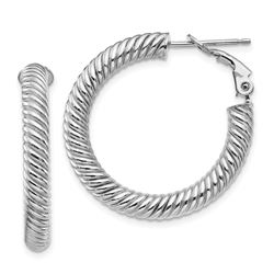 14k White Gold Twisted Round Omega Back Hoop Earrings - 4x20 mm