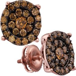 10kt Rose Gold Round Brown Diamond Circle Flower Cluster Earrings 1.00 Cttw