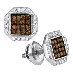 10kt White Gold Round Brown Diamond Octagon Cluster Earrings 3/8 Cttw