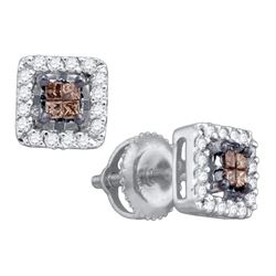 10k White Gold Brown Princess Diamond Stud Square Screwback Earrings 1/3 Cttw